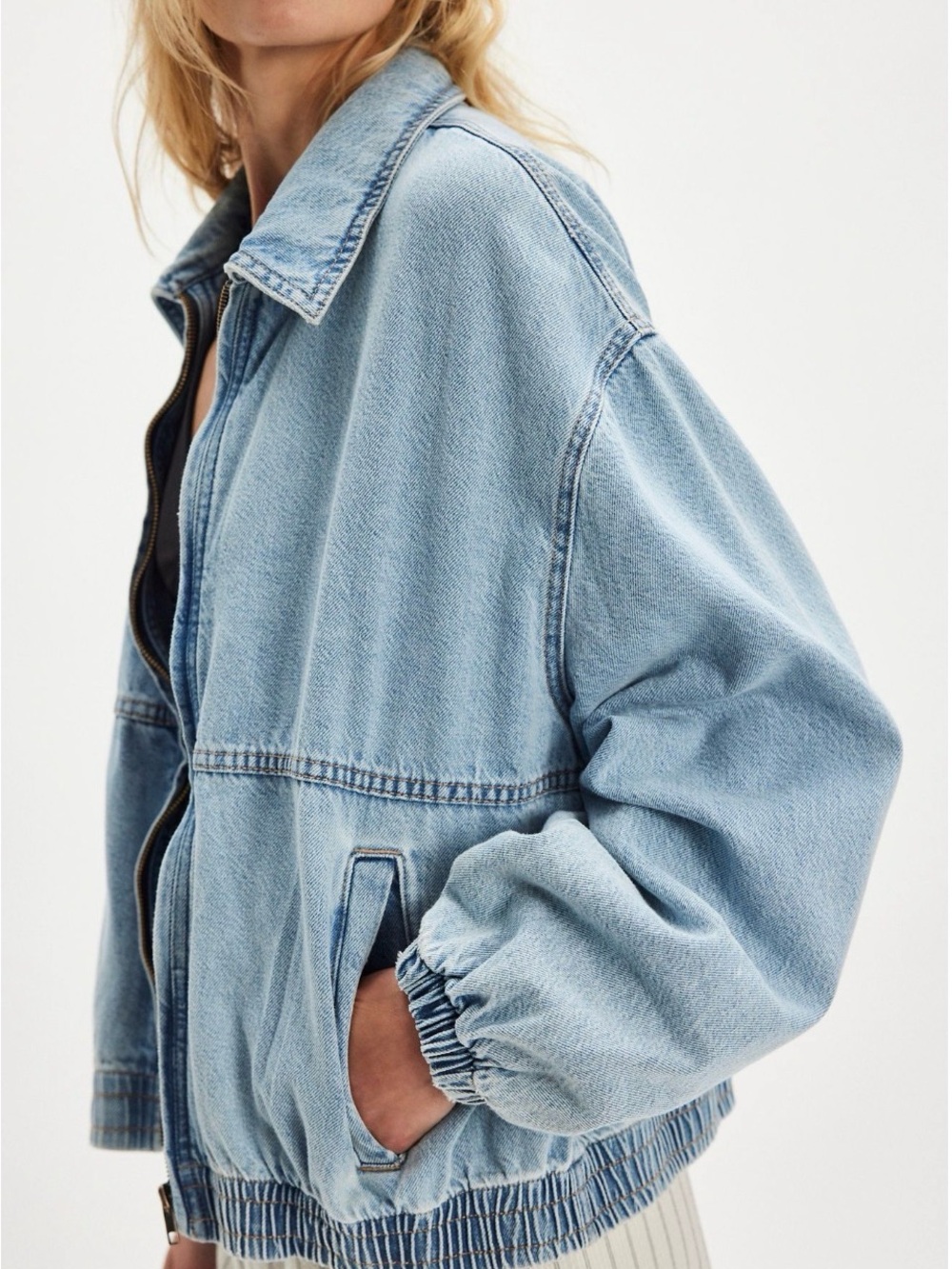 We The Free Light Blue Denim Bomber Jacket